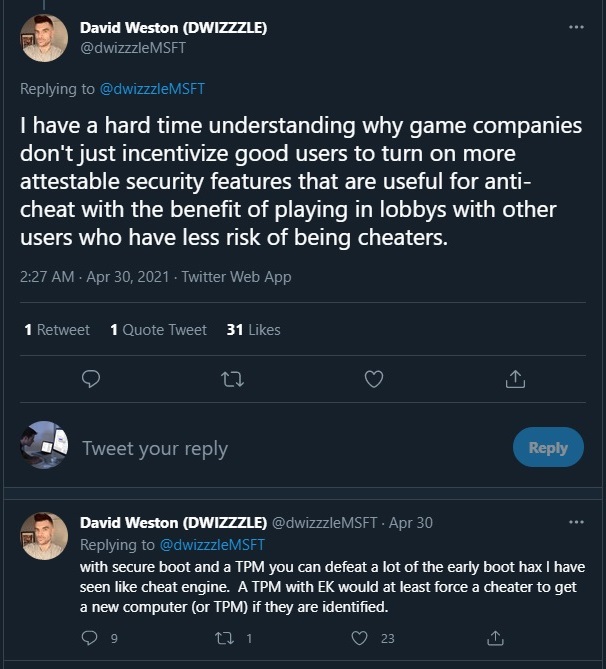 توئیت کارمند مایکروسافت در ارتباط با استفاده کمپانی‌های بازی از TPM در ابزارهای آنتی چیت یا ضد تقلب