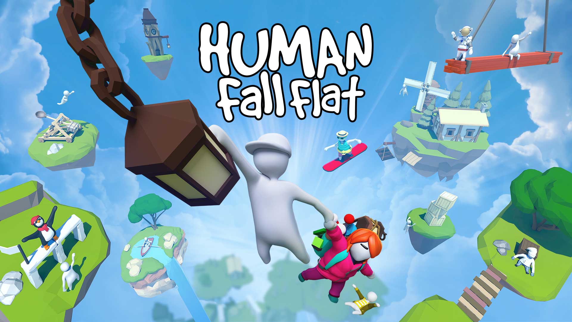 شخصیت های آویزان شده از یک چراغ بزرگ در جهان رنگارنگ و پرشده از آشوب بازی Human: Fall Flat