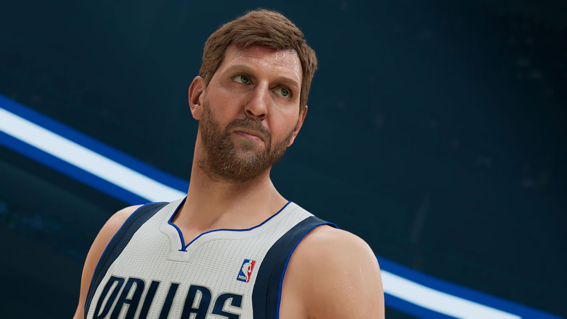 چهره عرق کرده دریک نویتسکی بازیکن تیم بسکتبال دالاس موریکس در NBA 2K22