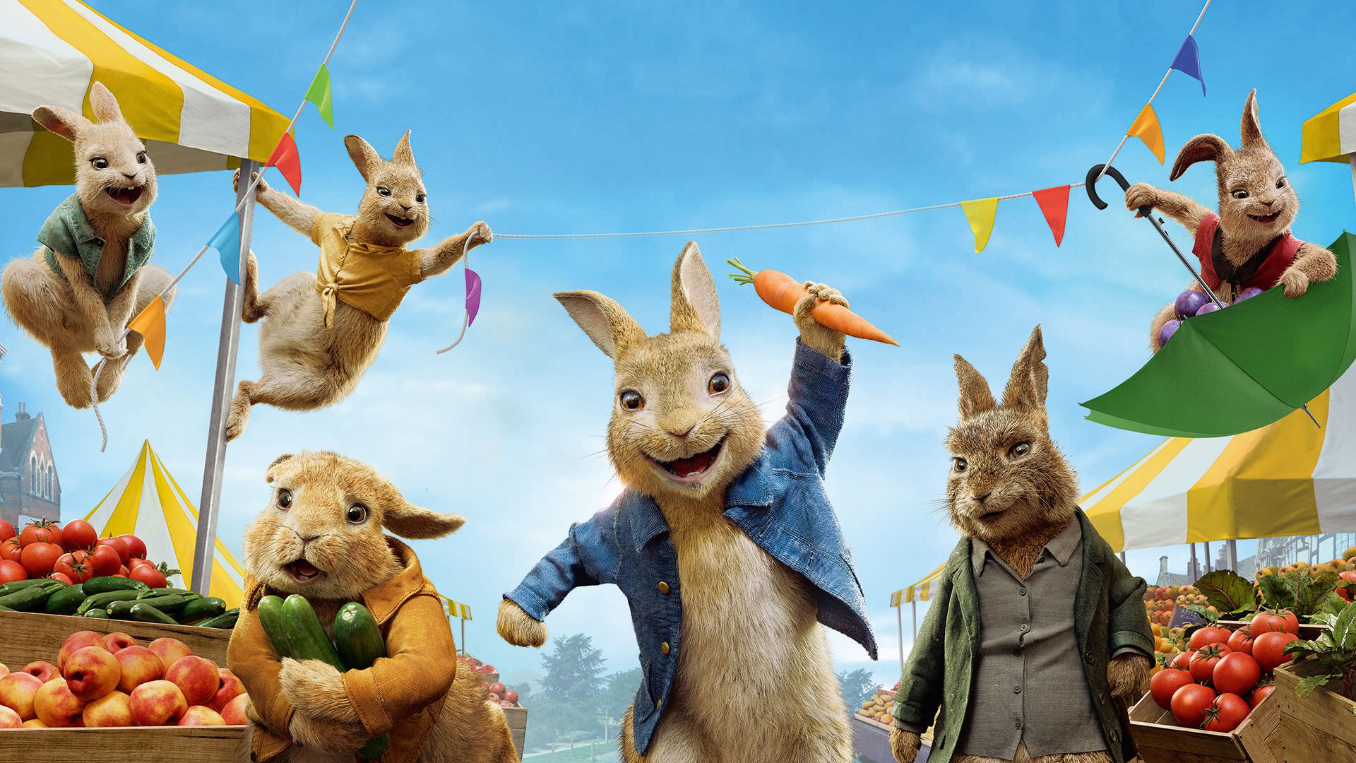 پیتر خرگوشه و بارناباس در حال دزدی از مرکز فروش محصولات کشاورزی در پوستر فیلم Peter Rabbit 2 The Runaway