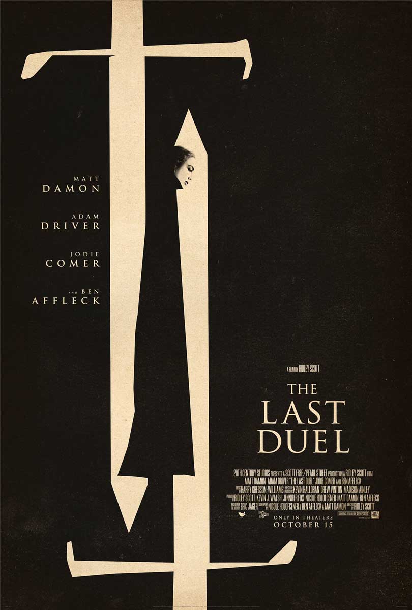 پوستر فیلم The Last Duel با تصویری از جودی کومر میان شمشیرها