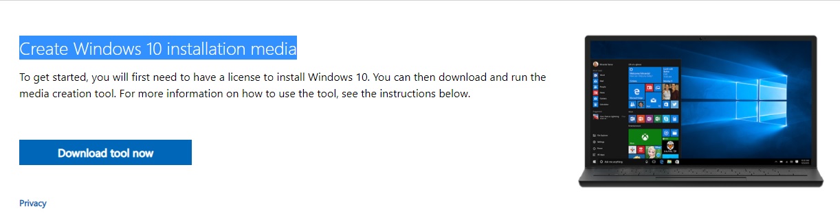 قسمتی از سایت مایکروسافت برای دانلود ابزار مربوط به ساخت دیسک نصب ویندوز