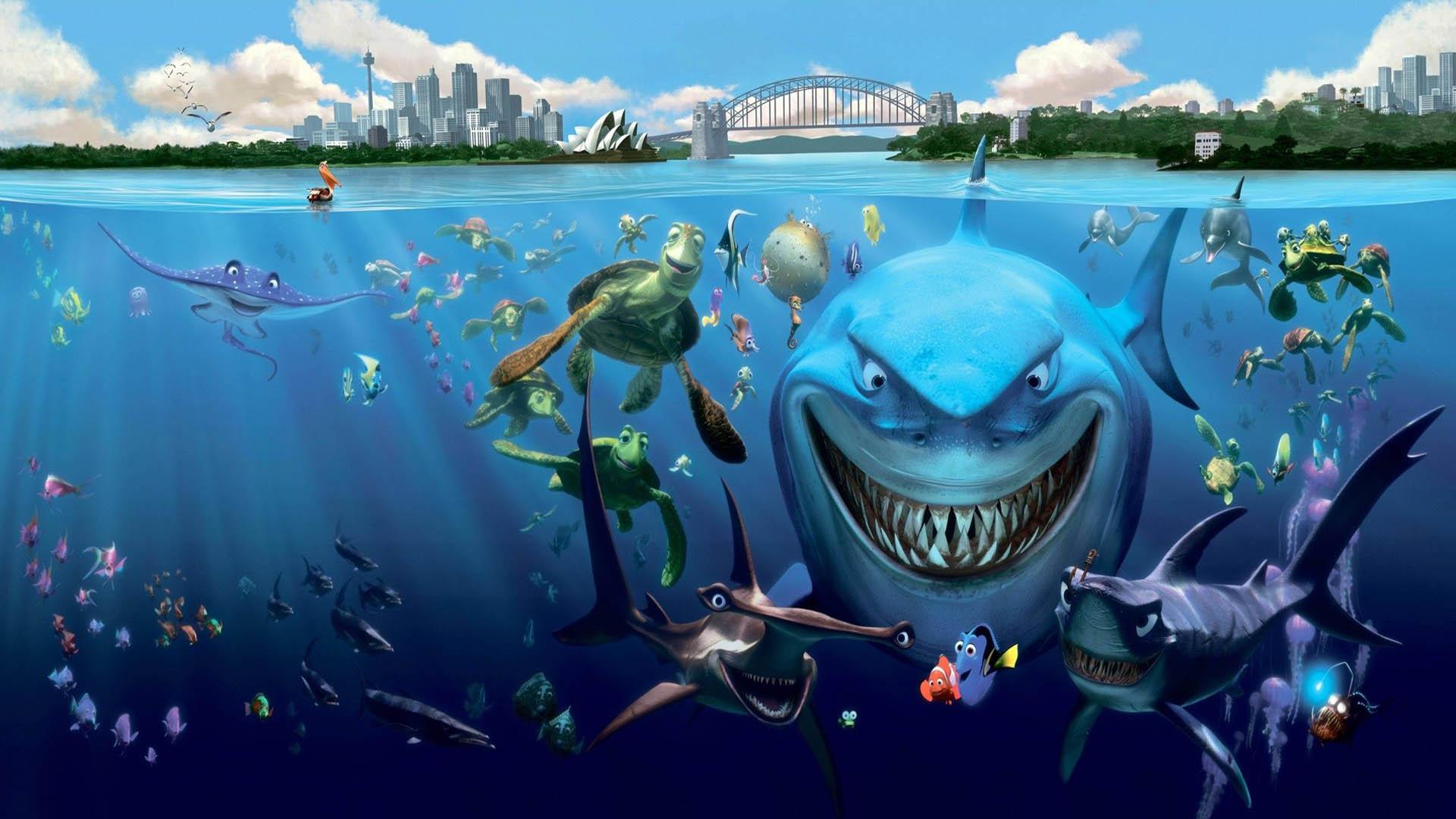 تمام شخصیت‌های انیمیشن Finding Nemo با پس‌زمینه شهر سیدنی