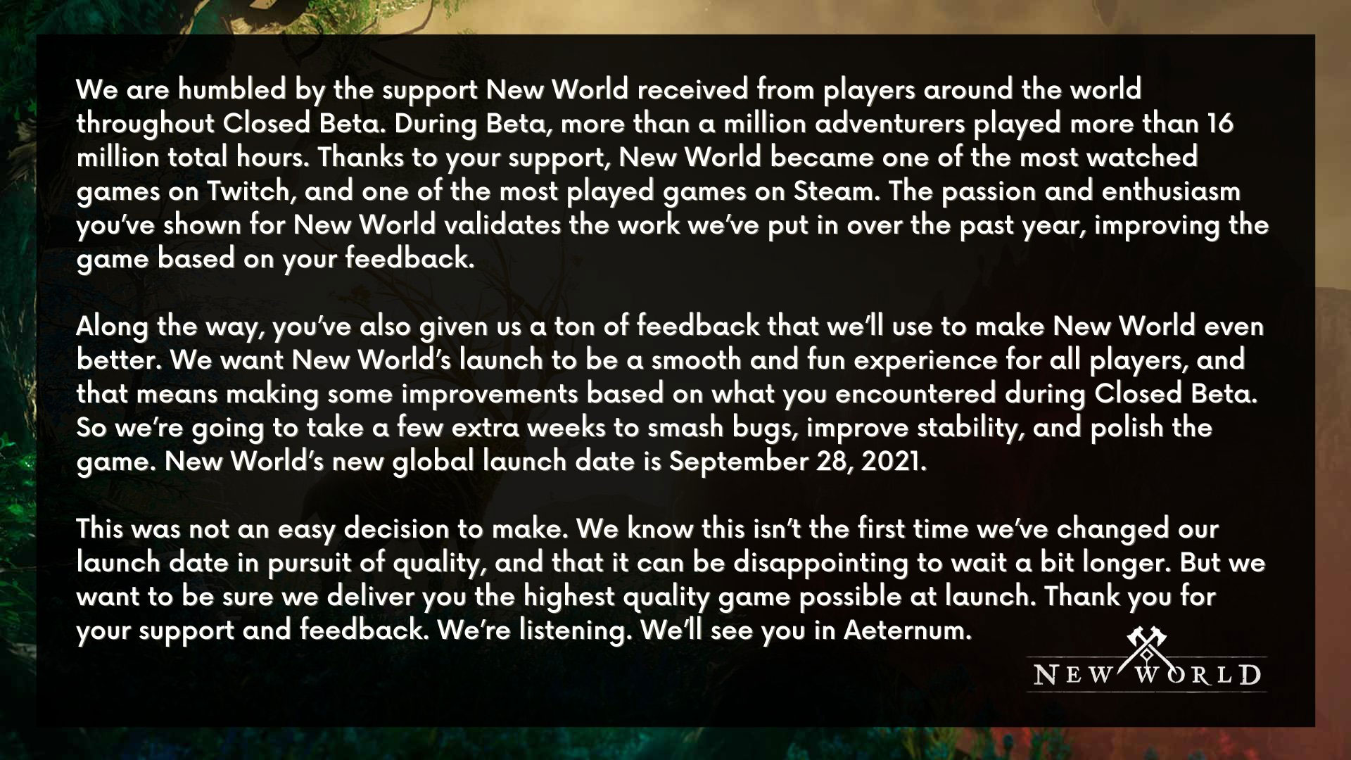 بیانیه آمازون برای تاخیر بازی New World