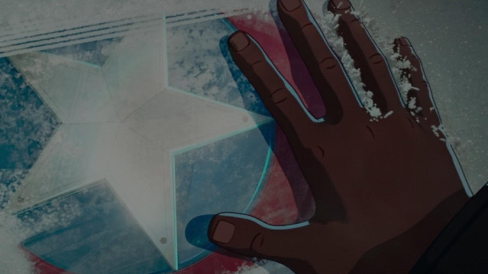 نیک فیوری در حال دست کشیدن روی سپر یخ زده کاپیتان آمریکا در قسمت سوم سریال What If