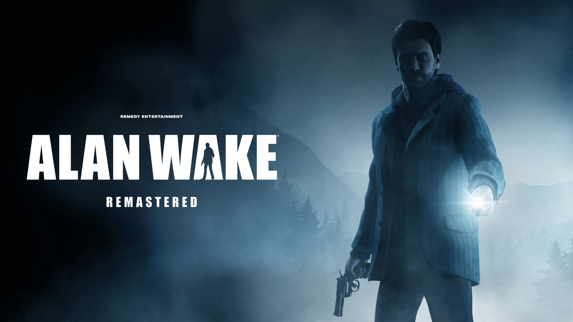 پوستر بازی Alan Wake Remastered رمدی و یک مرد با چراغ قوه