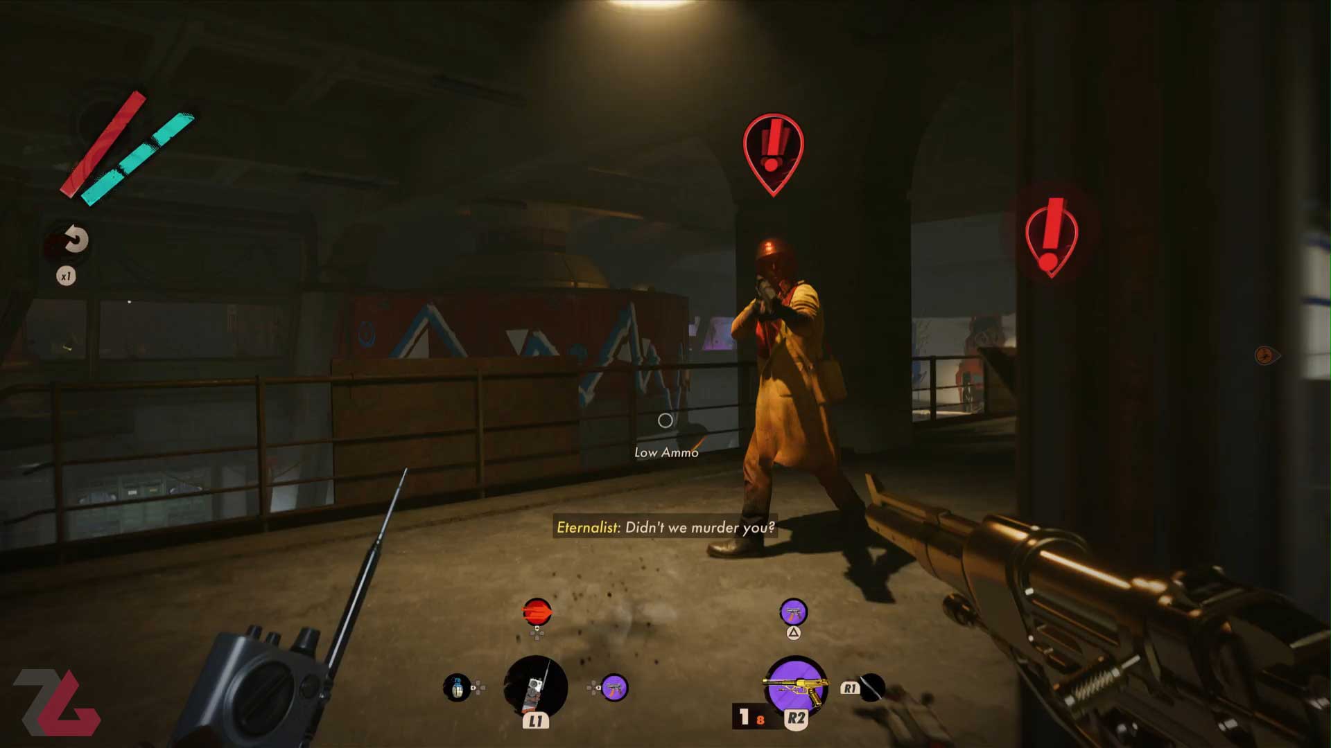 دشمن در حال نشانه‌گیری به سمت شخصیت اصلی بازی Deathloop
