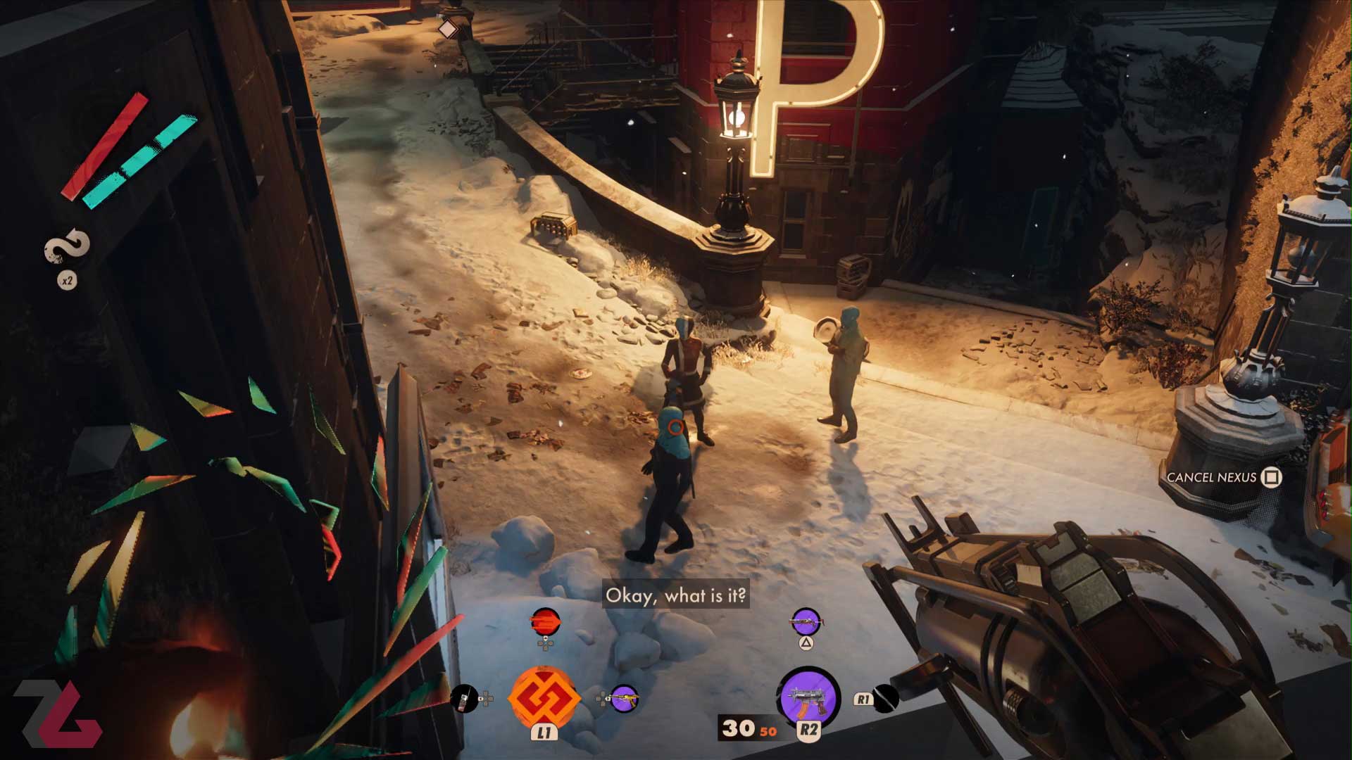 تفنگ بازیکن و قدرت نکسوس در دست چپ کولت به سمت سه دشمن در محیط نسبتا برفی بازی Deathloop