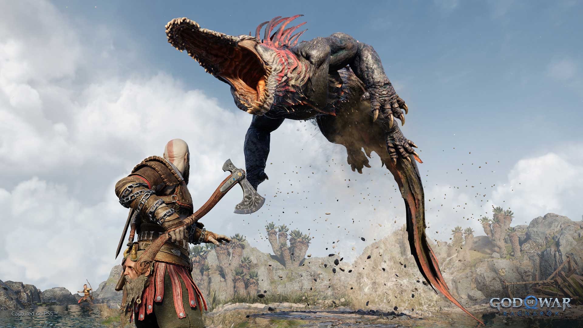 پرش تمساح عظیم الجثه با دهان باز به سمت کریتوس در بازی God of War Ragnarok