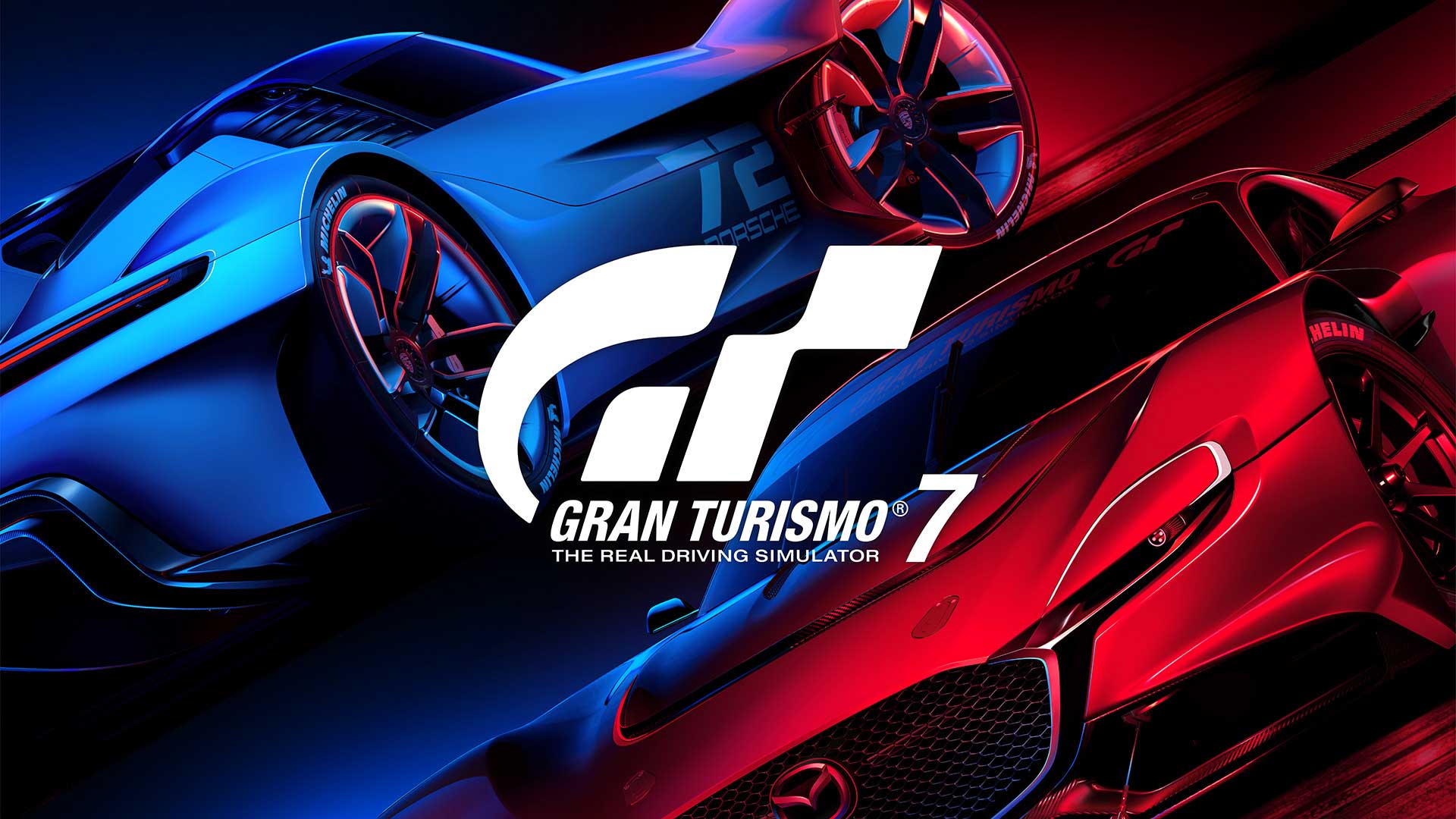 والپیپر رسمی آبی و قرمز بازی Gran Turismo 7، شبیه ساز اتومبیل رانی استودیو ژاپنی Polyphony Digital پلی استیشن سونی