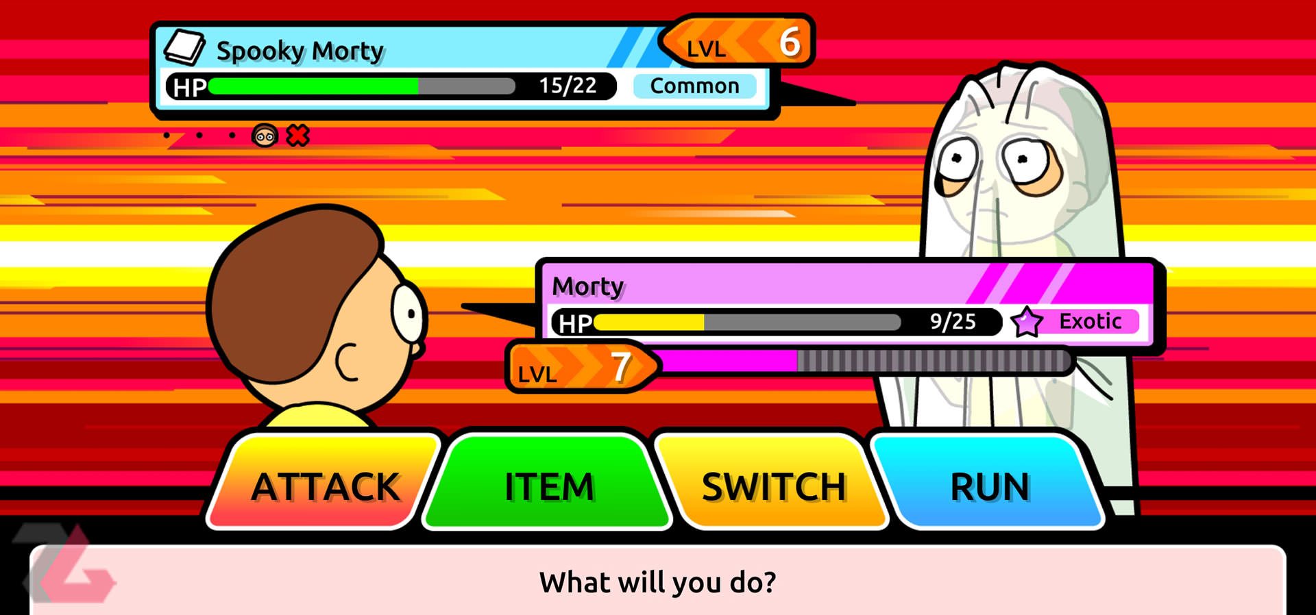 مبارزه‌ی مورتی با نسخه‌ی مورتی ترسناک در بازی موبایل Rick and Morty: Pocket Mortys
