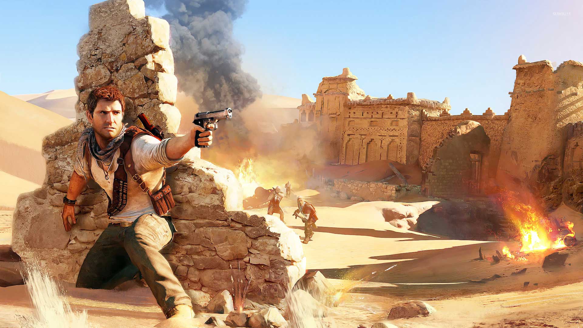 نیتن دریک مشغول نشانه گیری تفنگ برای شلیک در صحرا بازی Uncharted 3: Drake's Deception