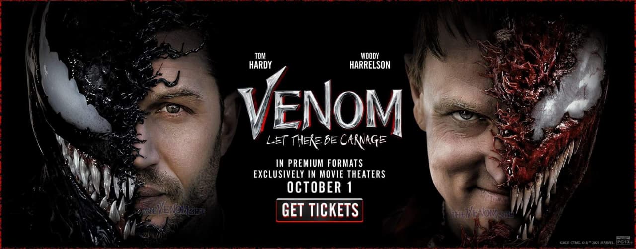پوستر دوالیتی فیلم Venom: Let There Be Carnage با حضور تام هاردی در نقش ادی براک و ونوم و وودی هارلسون در نقش کلیتوس کسدی و کارنیج