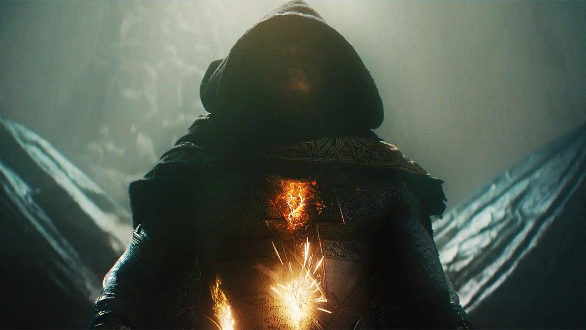 دواین جانسون در نقش بلک ادم با شنل کامل در حال مبارزه در فیلم Black Adam 