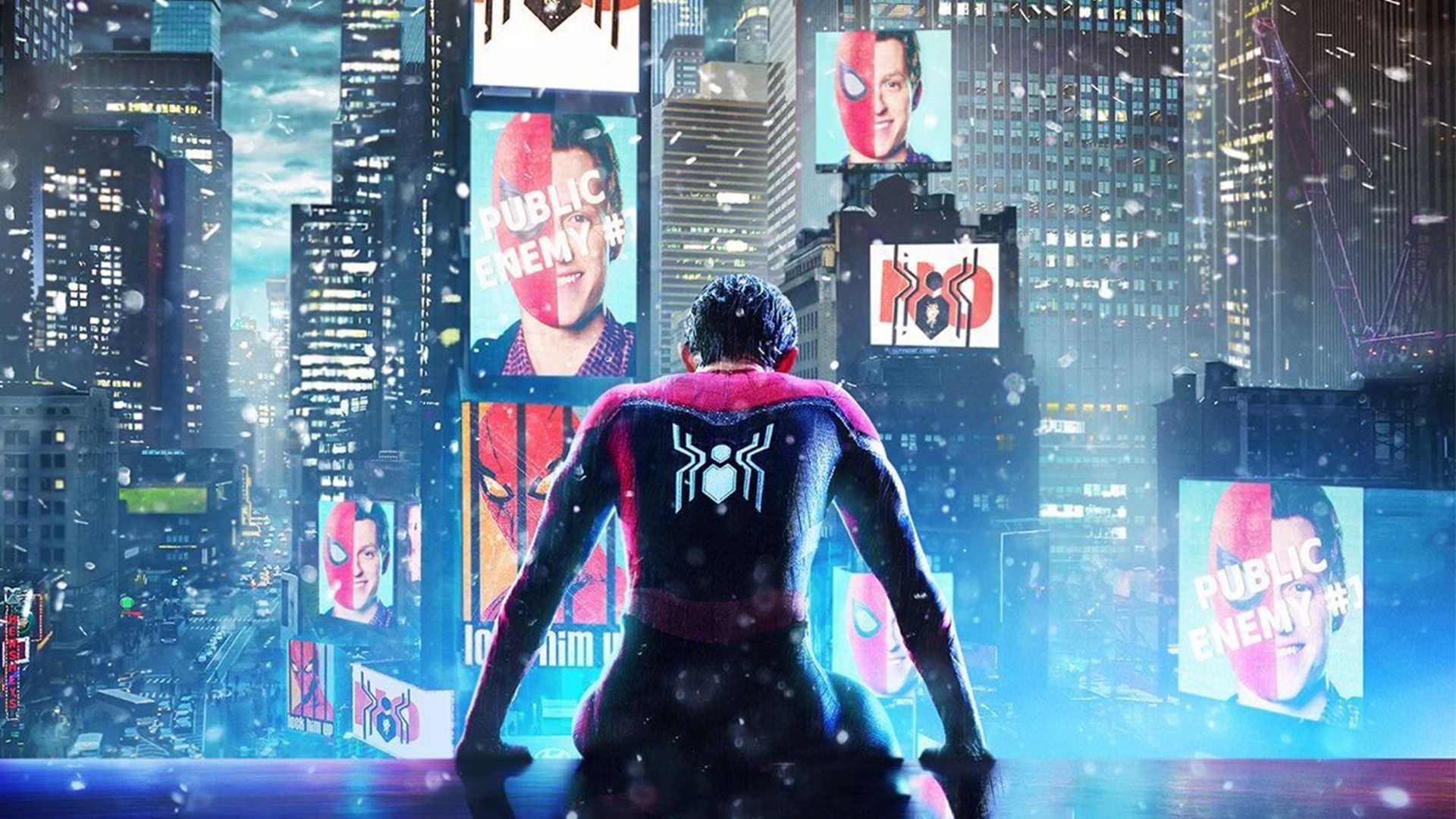 تام هالند در نقش مرد عنکبوتی ناراحت زیر باران و در شب روی ساختمان نشسته در پوستر فیلم Spider-Man: No Way Home