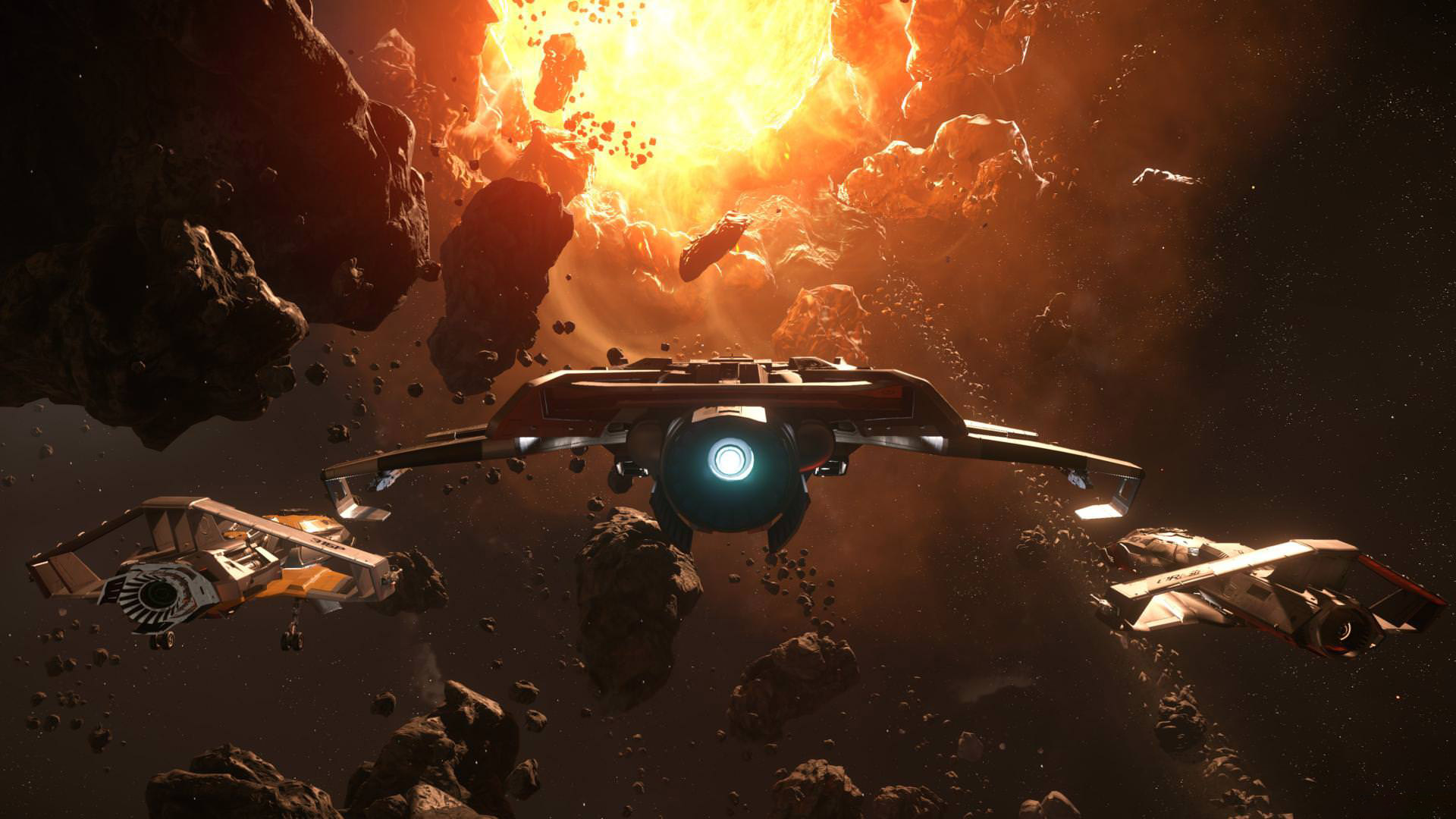 سفینه‌ها در حال عبود ازمیان سنگ‌های فضایی در بازی Star Citizen