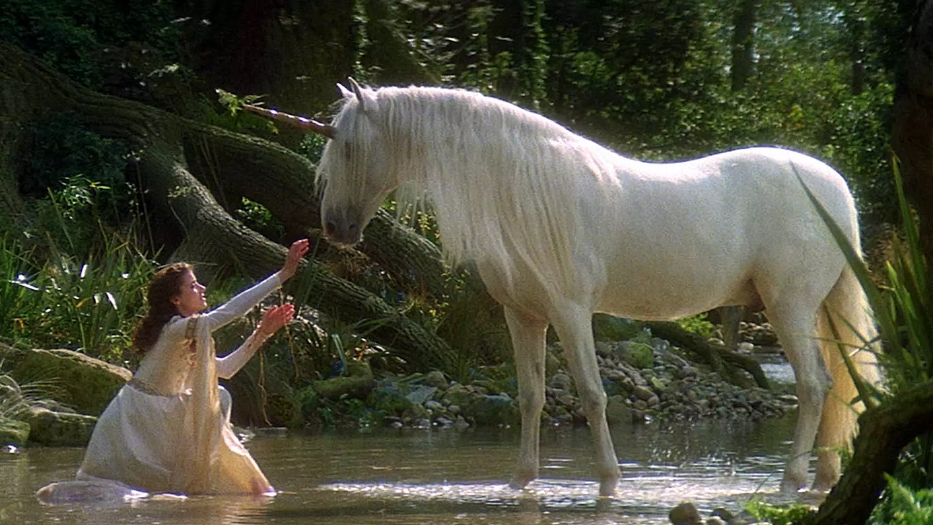 یک دختر به همراه اسب تک‌شاخ در رودخانه در فیلم Legend