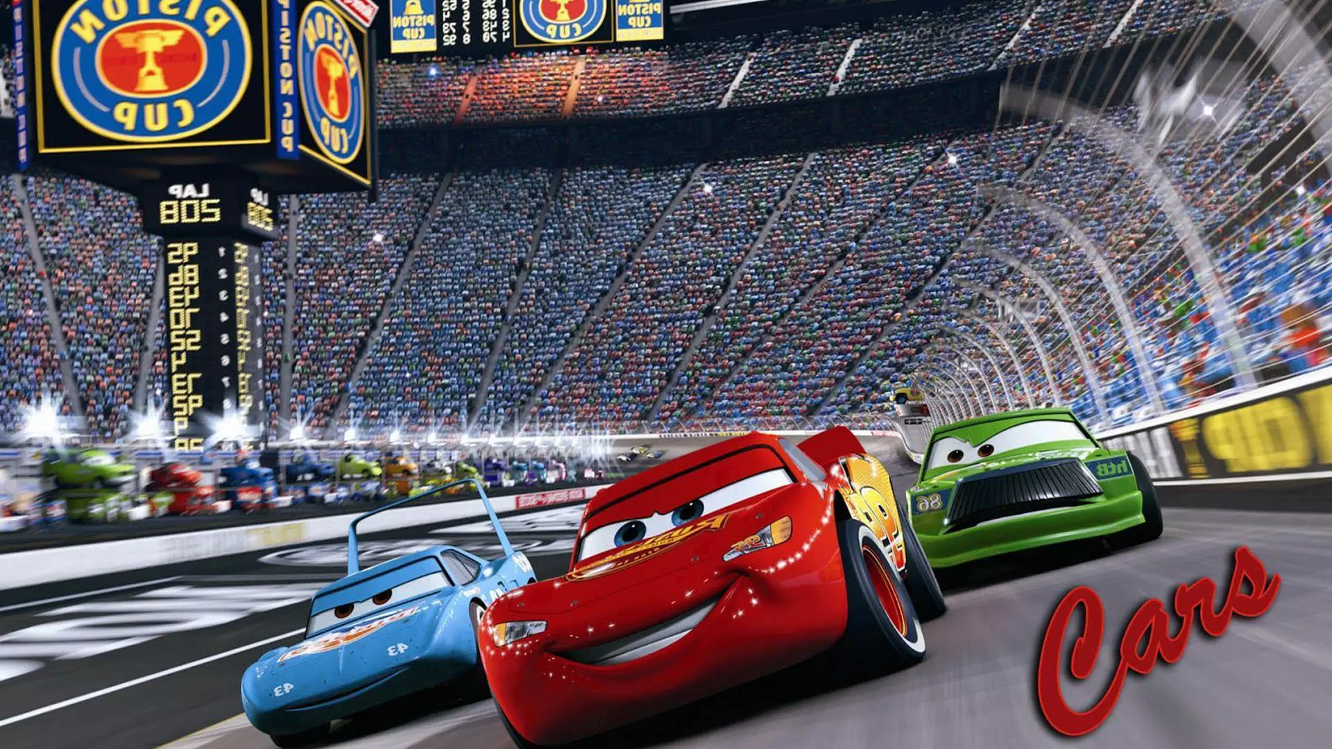 شخصیت های مک کوئین ، کینگ و چیک هیکس در حال مسابقه دادن در انیمیشن Cars