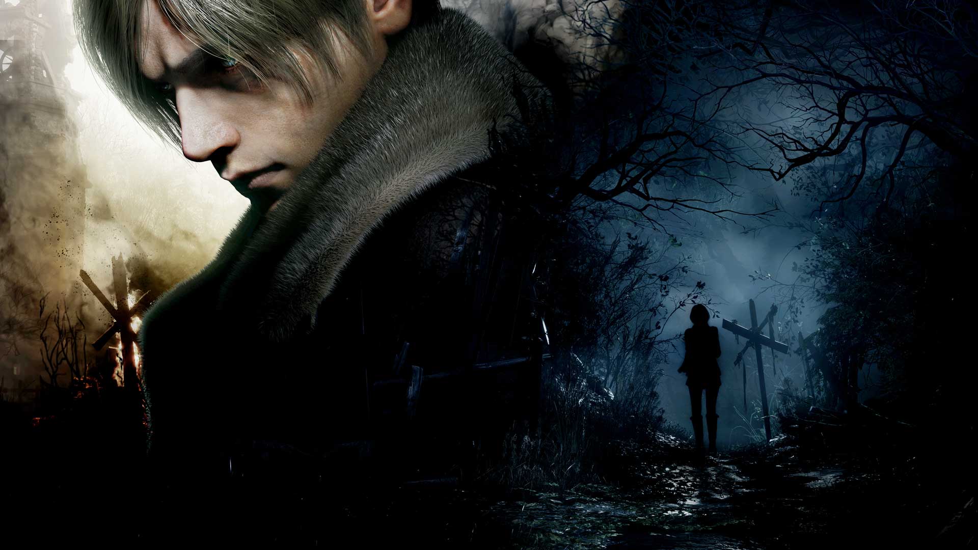 بازی Resident Evil 4 سال ۲۰۲۳ (ریمیک رزیدنت ایول ۴) شرکت کپکام | لیان با لباس و استایل جذاب خود در کنار اشلی گیرافتاده در تاریکی و محیط مه‌آلود ورودی روستا