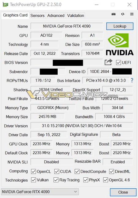 کارت گرافیک NVIDIA GeForce RTX 4090 در GPUZ