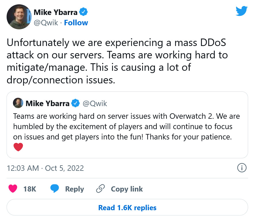 توییت Mike Ybarra درباره‌ی حملات DDos به بازی Overwatch 2