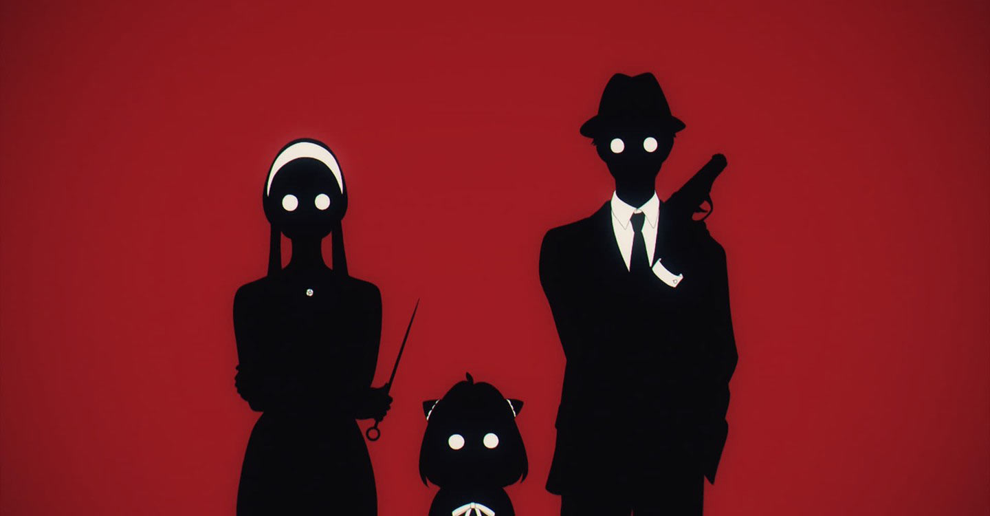 Anya, Twilight and Yuri in shadow form with red background-anime spy family