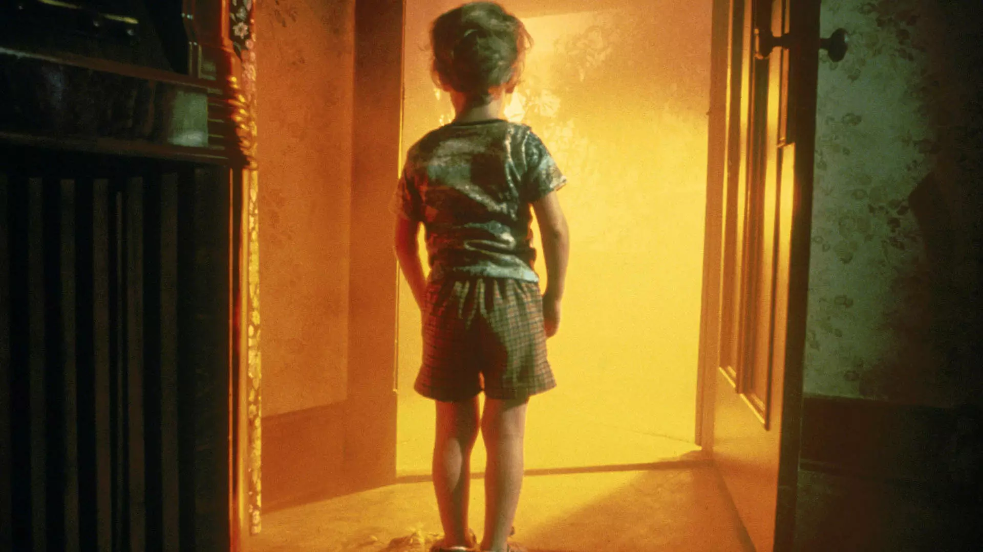 پسر بچه‌ای در فیلم Close Encounters of the Third Kind مقابل دری با نور نارنجی ایستاده است