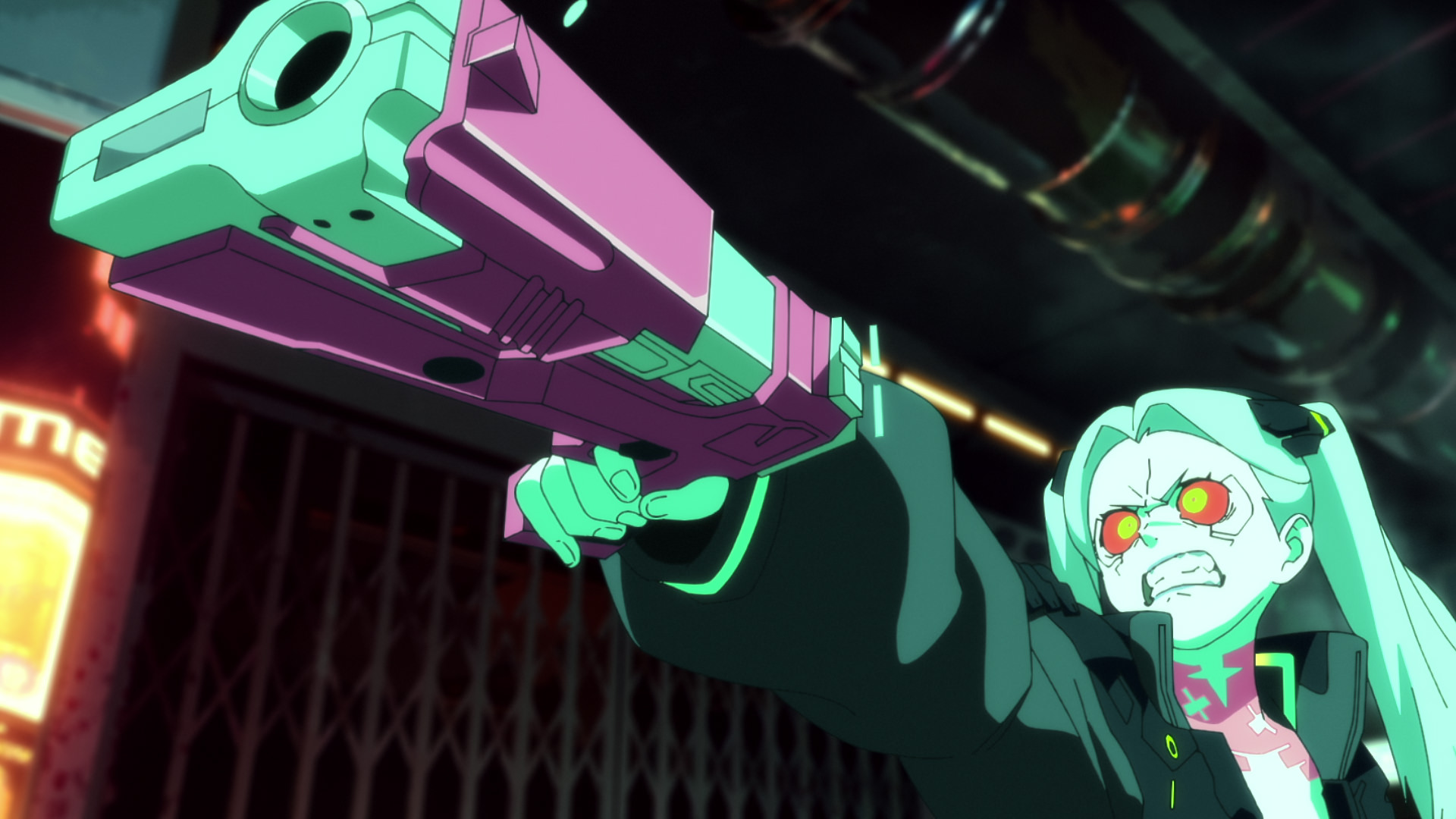 ربکا در حال تیراندازی در قسمت چهارم انیمه Cyberpunk: Edgerunners
