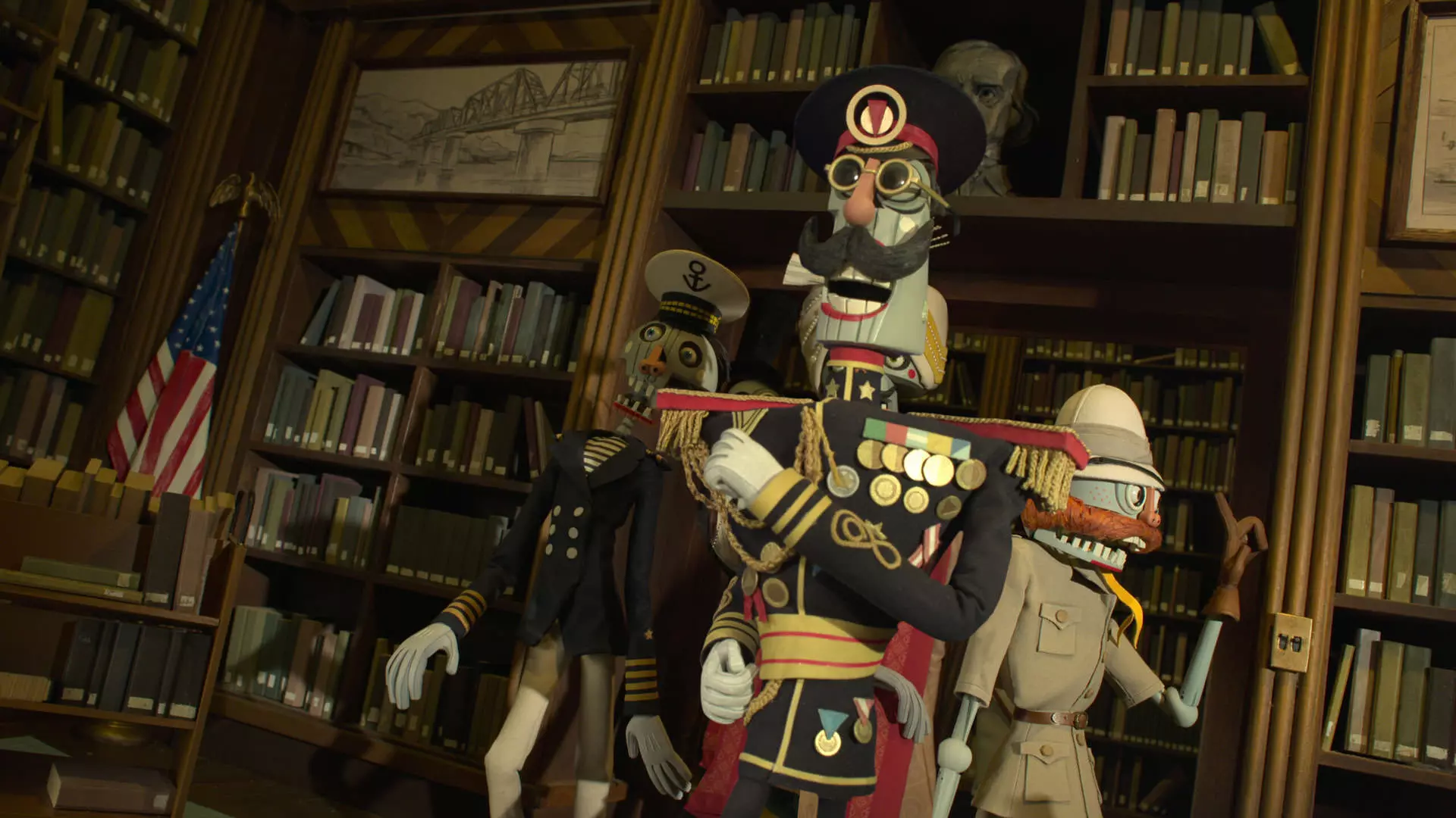 چند اسکلت که لباس نظامی پوشیده‌اند در مقابل قفسه‌های کتاب‌خانه‌ای داخل یک اتاق در نمایی از انیمیشن وندل و وایلد به کارگردانی هنری سلیک