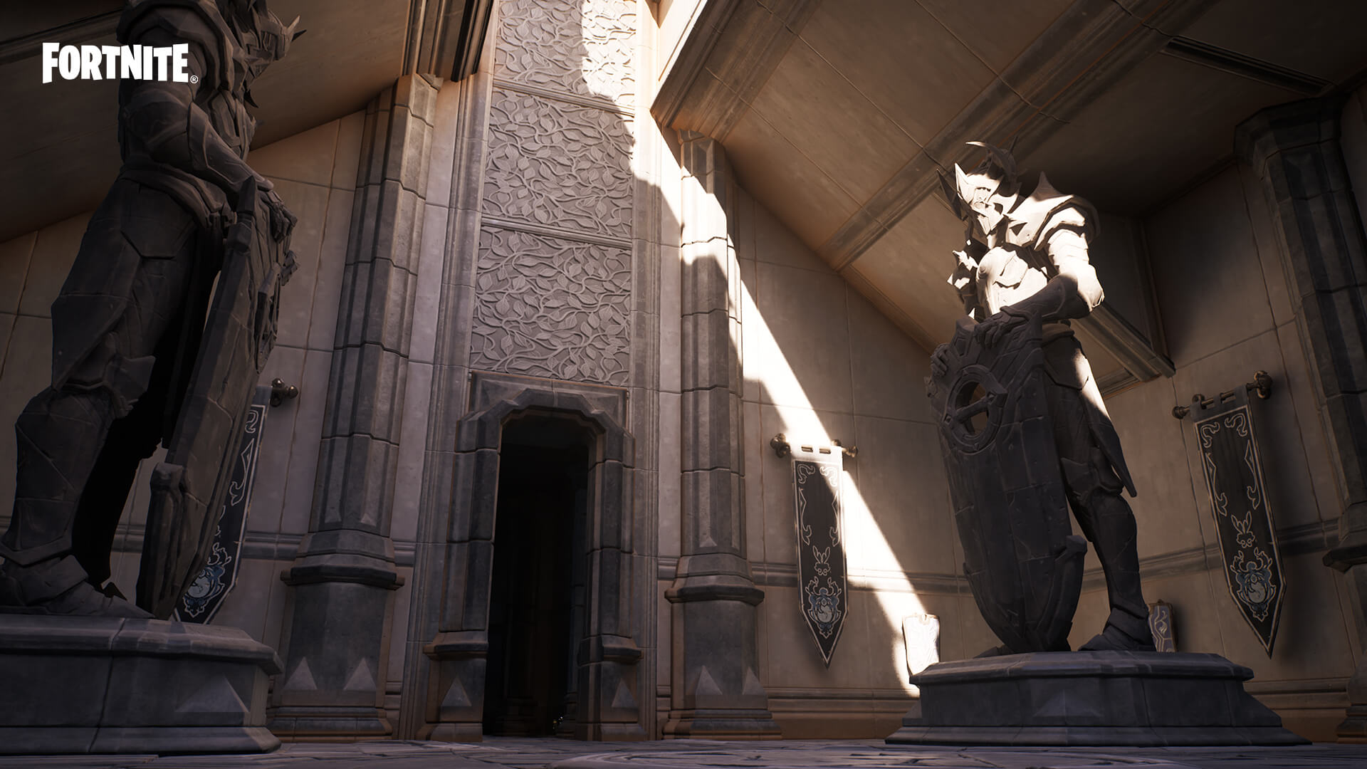 نمایی از یک قلعه و مجسمه ها در بازی Fortnite