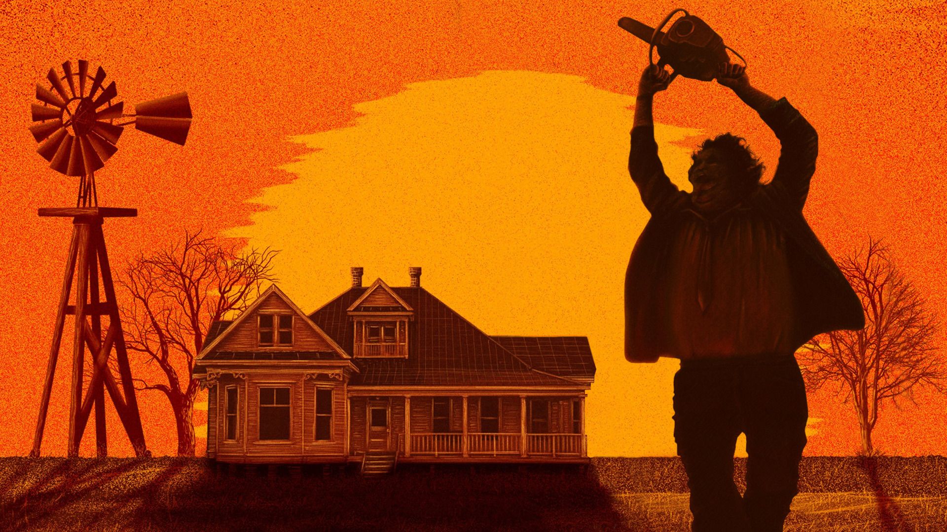 طرحی از شخصیت صورت چرمی و فیلم Texas Chainsaw Massacre