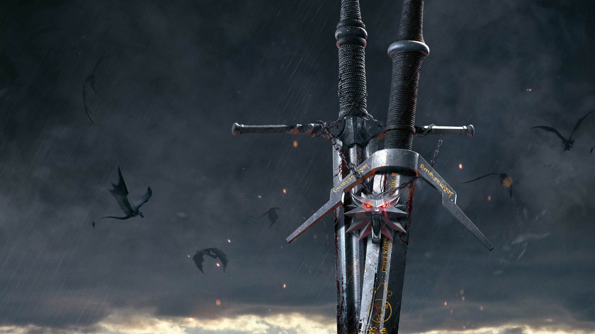 شمشیرهای ویچر و مدالیون در والپیپر بازی The Witcher 3: Wild Hunt شرکت لهستانی سی دی پراجکت