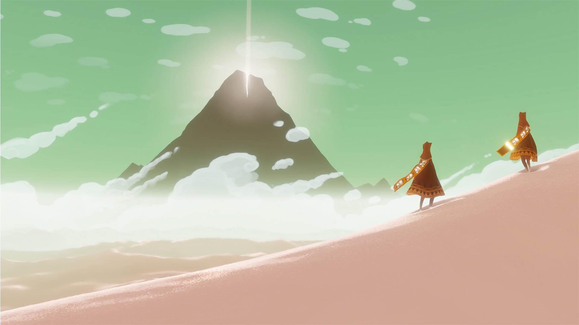 شخصیت‌های بازی Journey در بیابان در حال نگاه به کوه