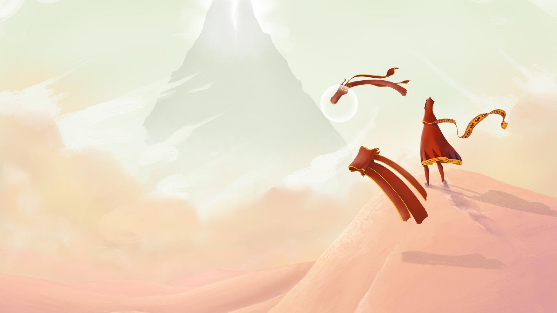 شخصیت بازی Journey در حال نگاه کردن کوه