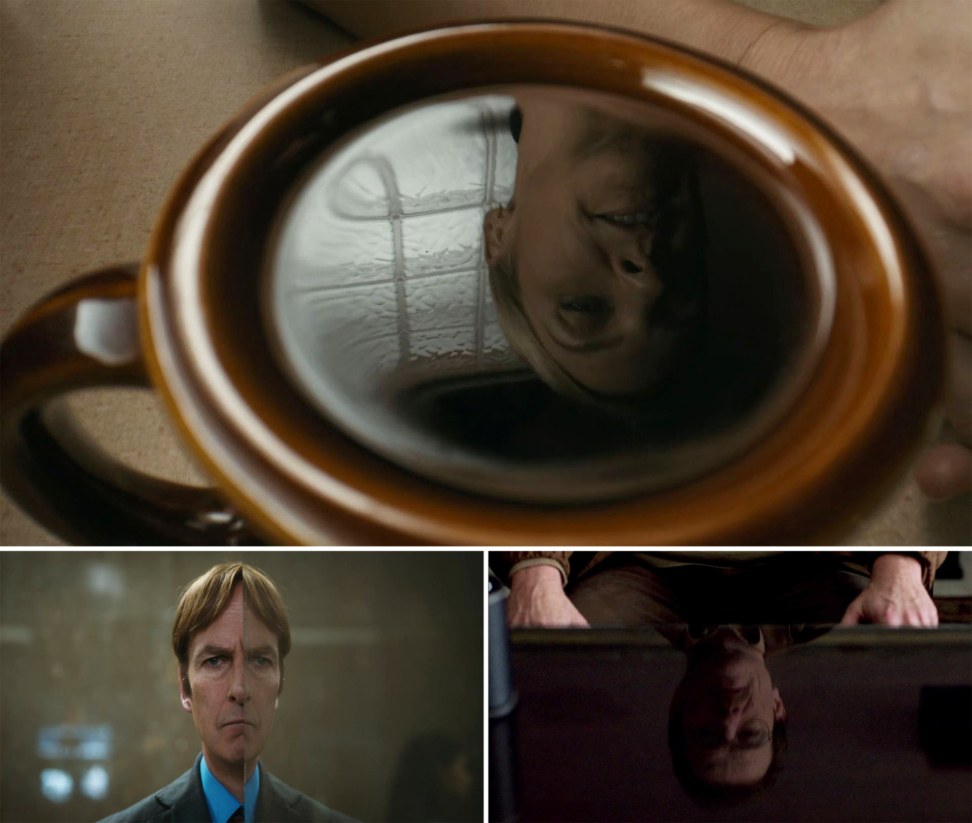 انعکاس تصویر چهره کیم در لیوان قهوه سریال بتر کال ساول