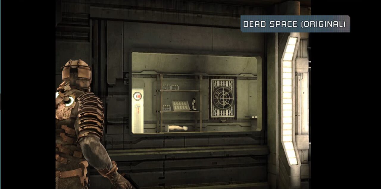 شخصیت اصلی بازی Dead Space در مقابل یک پنجره در نسخه اصلی Dead Space 