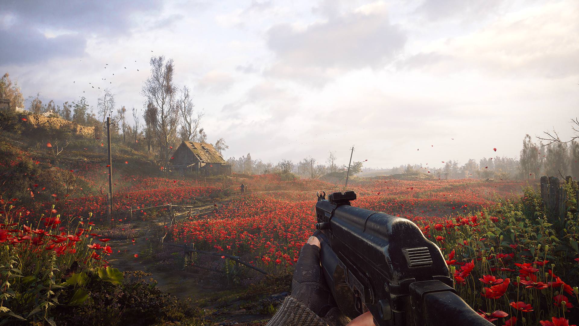 دهکده با گل‌های قرمز در بازی Stalker 2