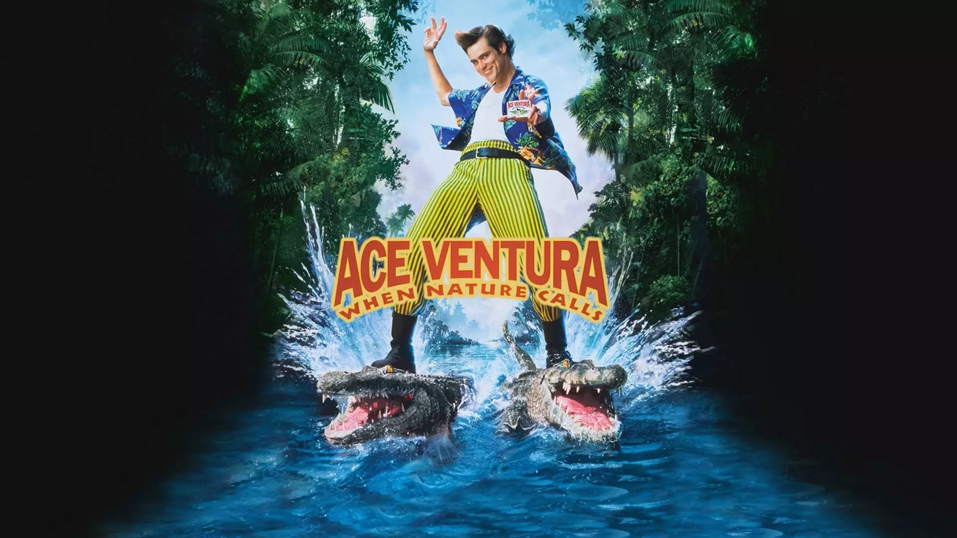 جیم کری روی دو تمساح در پوستر فیلم Ace Ventura: When Nature Calls
