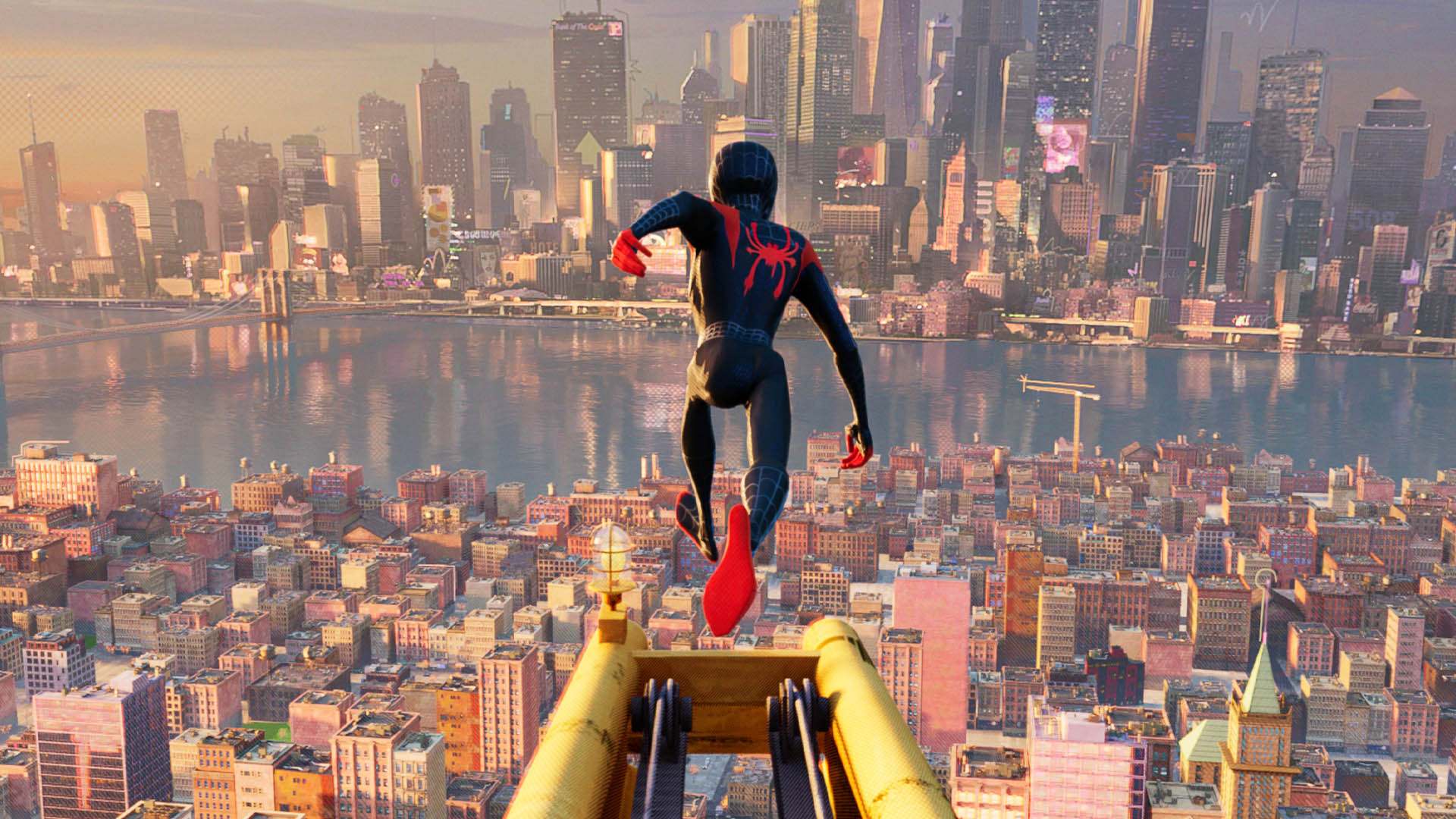 تصویری از پشت سر مایلز مورالس در شهر نیویورک در انیمیشن Spider-Man: Into the Spider-Verse