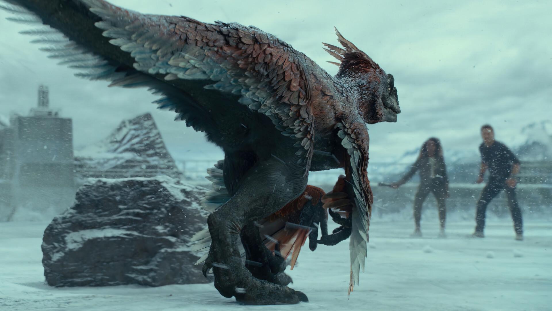 حمله دایناسور به کریس پرت روی یخ در فیلم Jurassic World Dominion