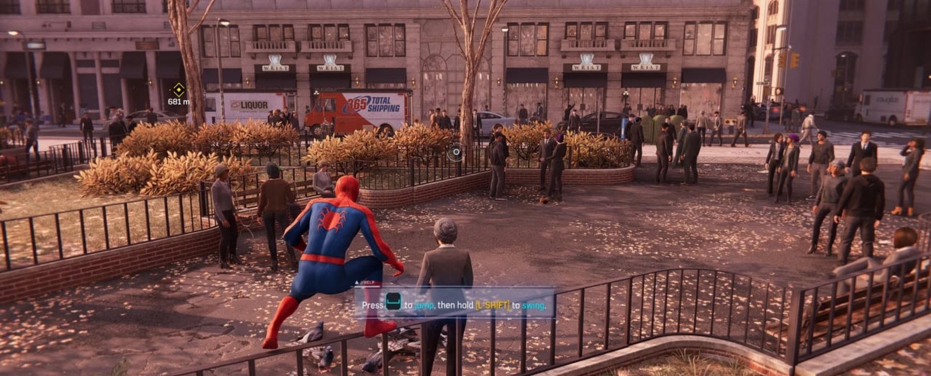 Bir parktan geçen Örümcek Adam'ın bir görüntüsü.  Marvel's Spider-Man oyununun PC versiyonundan