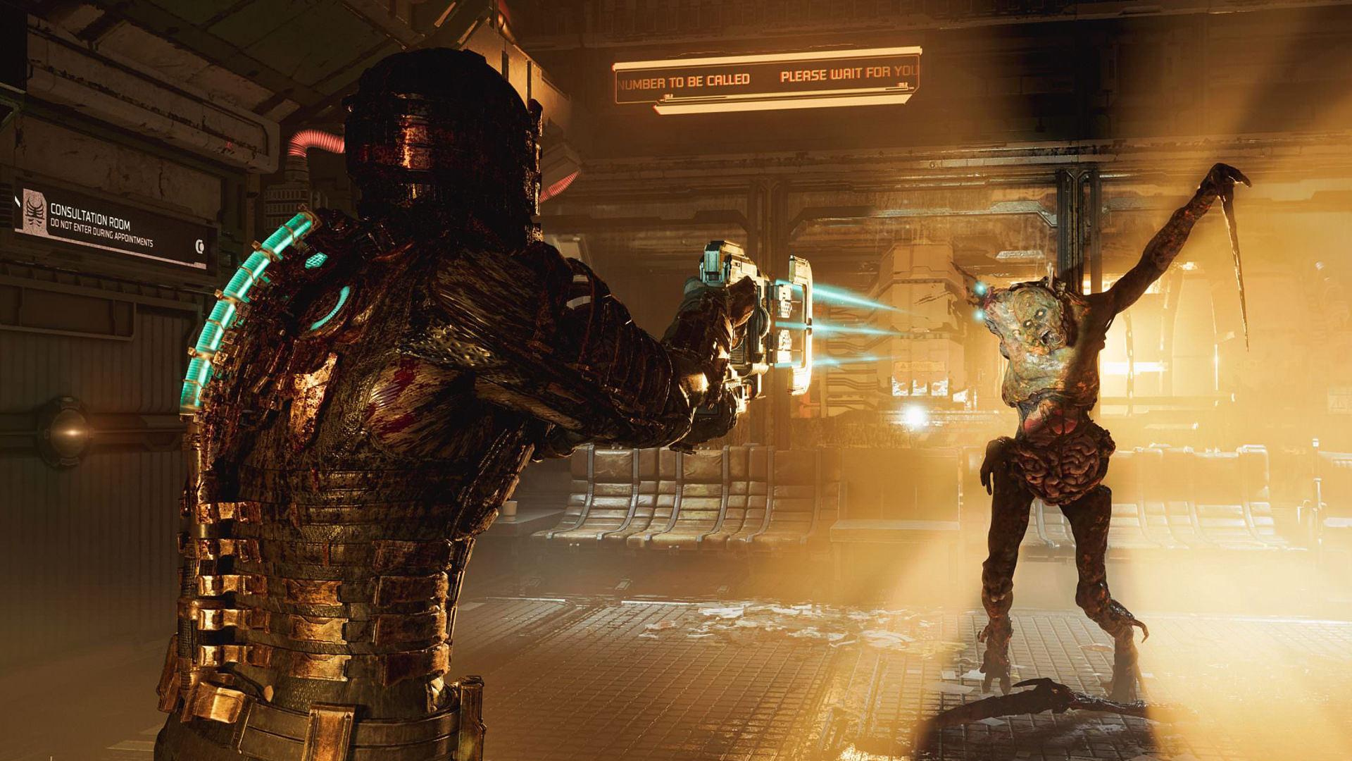 اسکار ایزاک در حال شلیک به یک نکرومورف در بازی Dead Space Remake
