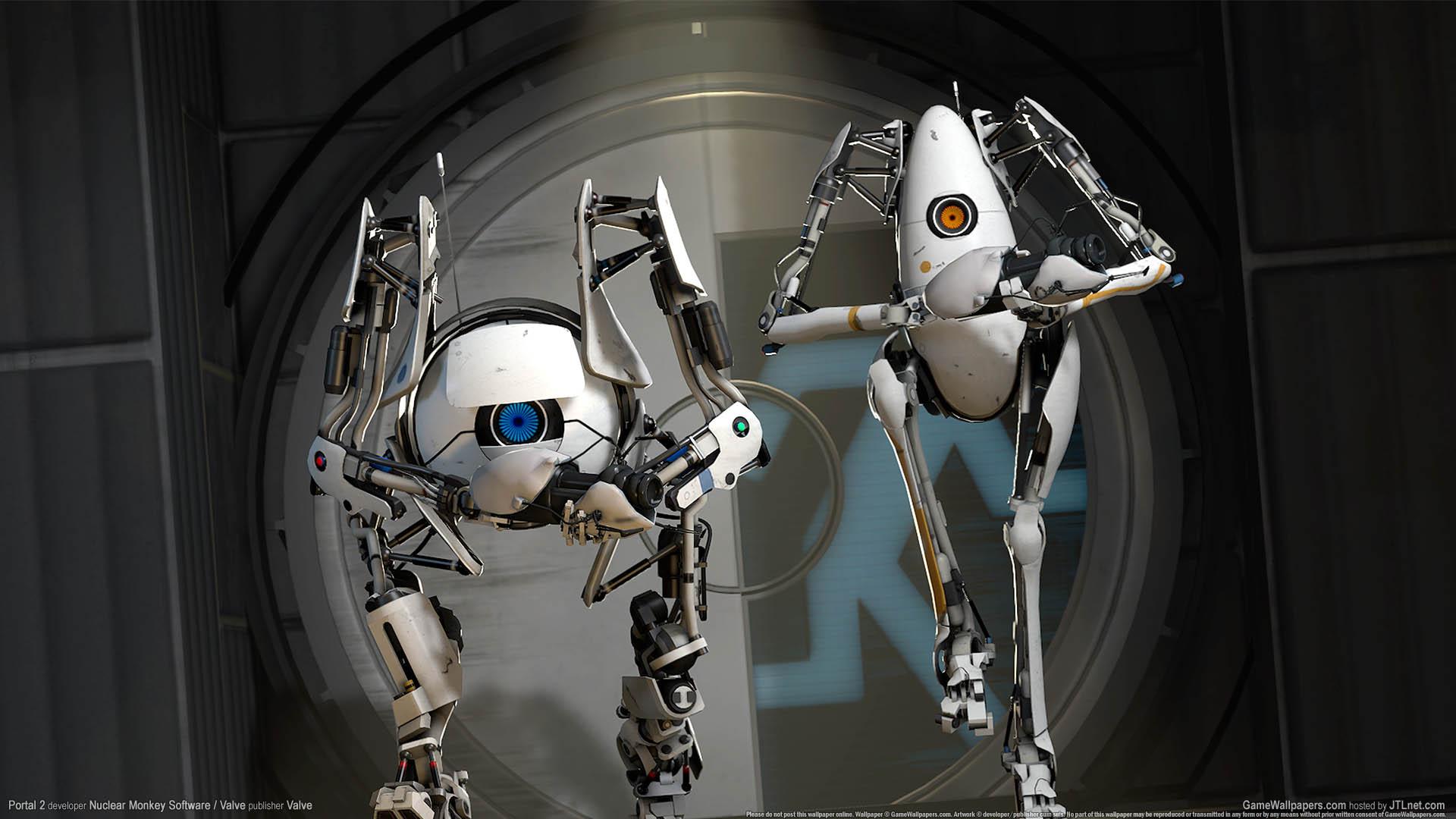 دو ربات بازی Portal 2 در کنار یکدیگر