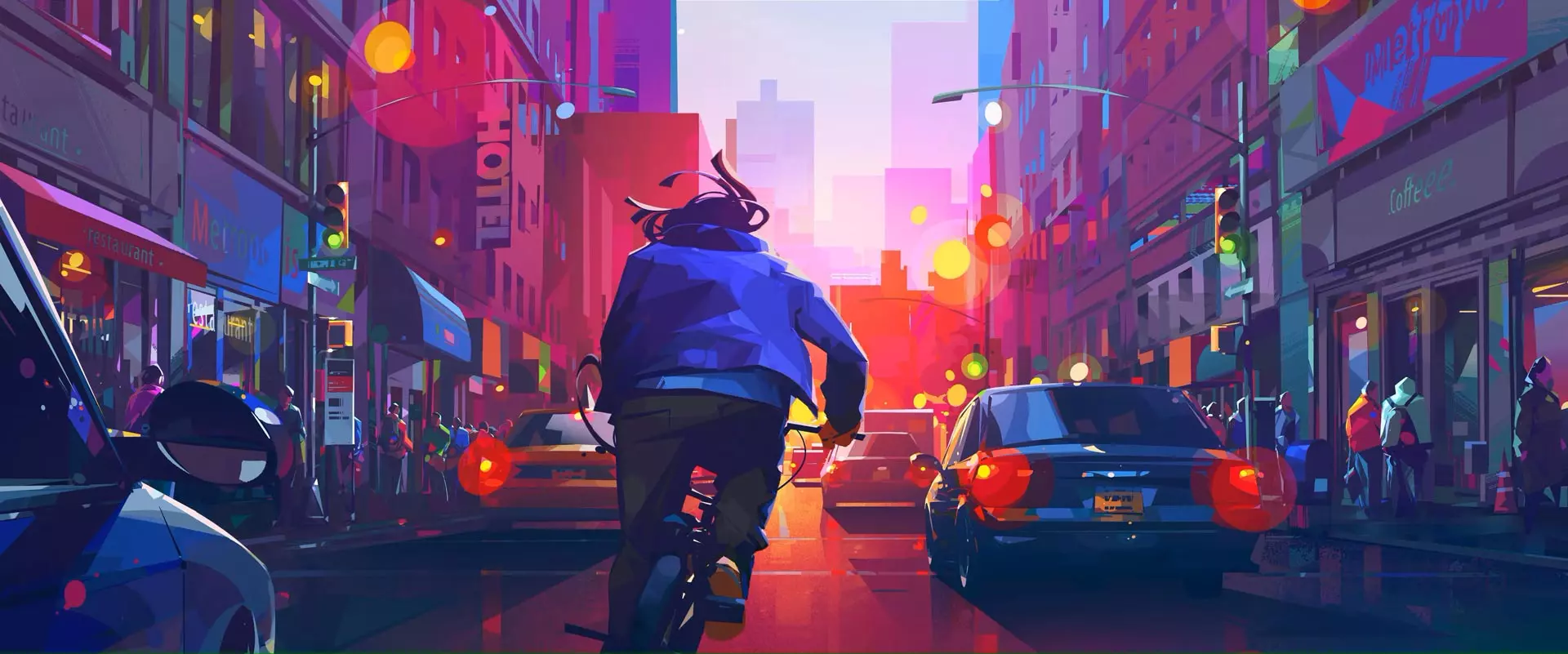 تصویری از خیابان، ترافیک و مردی در حال دوچرخ سواری در انیمیشن درون کهکشانی