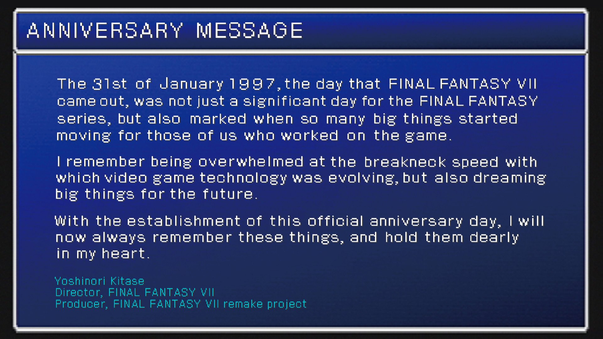 پیام یوشینوری کیتاسه به مناسبت ثبت روز سالگرد عرضه Final Fantasy 7