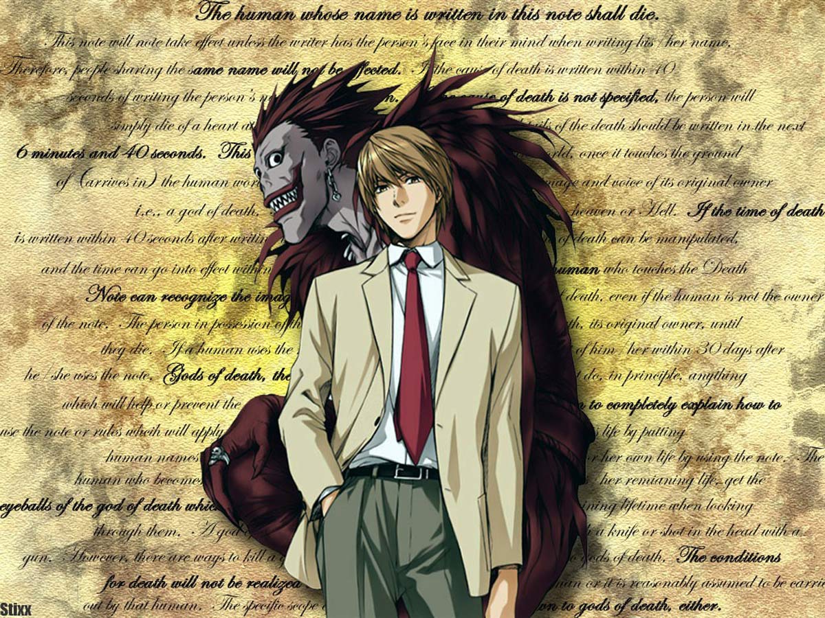 Light et Ryuk avec une image de fond de la première page de Death Note
