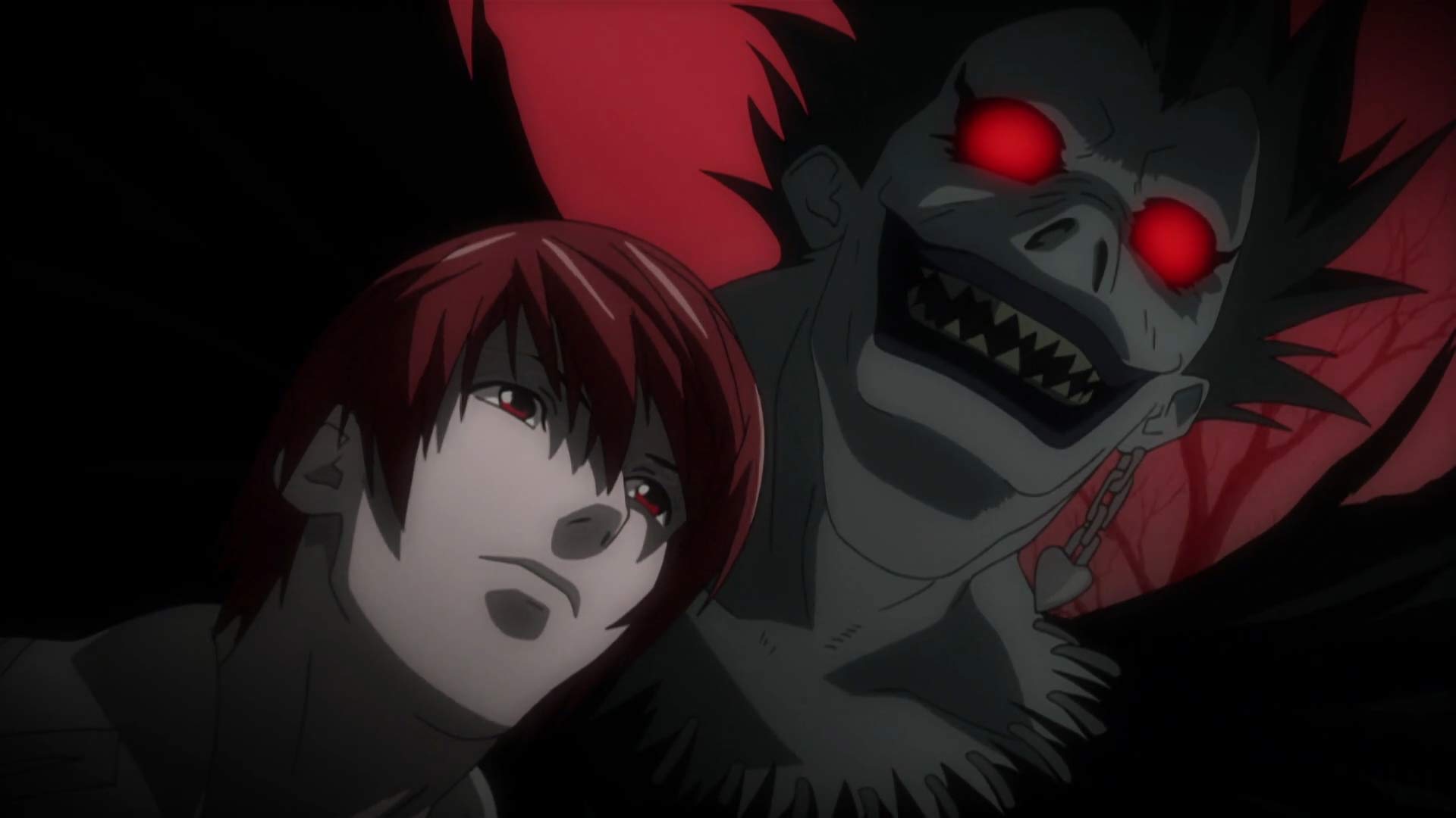 Une image de Light Yagami avec en arrière-plan le shinigami Ryuk aux yeux rouges