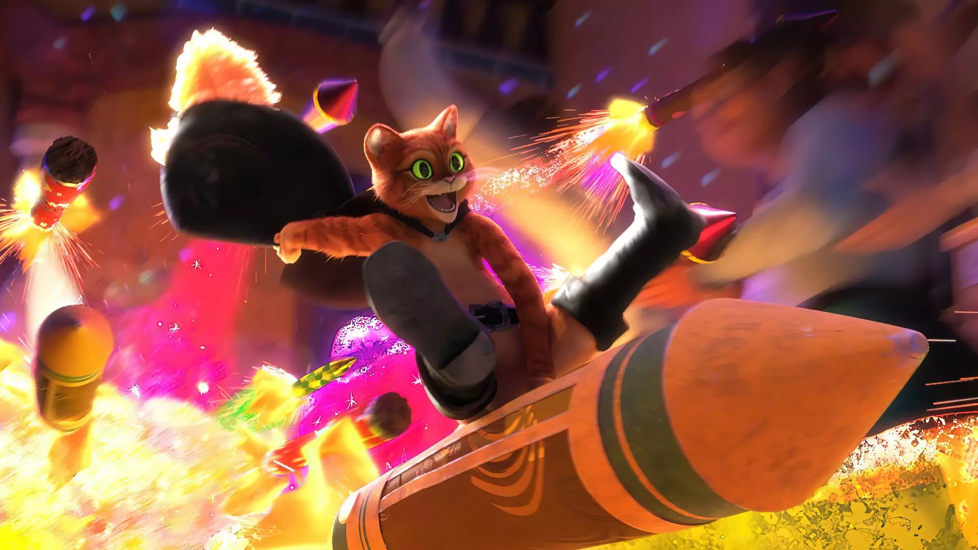 گربه چکمه پوش در حال فرار با استفاده از آتش بازی در انیمیشن Puss in Boots: The Last Wish