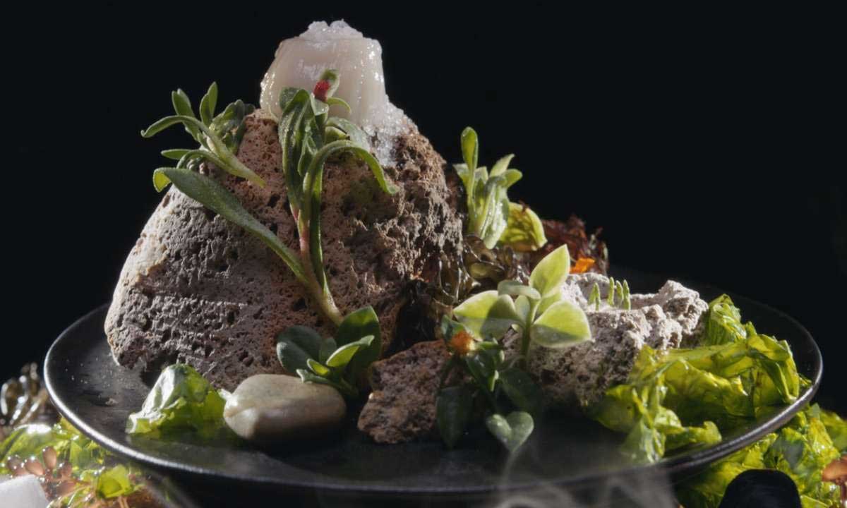 سرو غذای گیاهی روی سنگ های جزیره در فیلم منو با بازی ریف فاینز