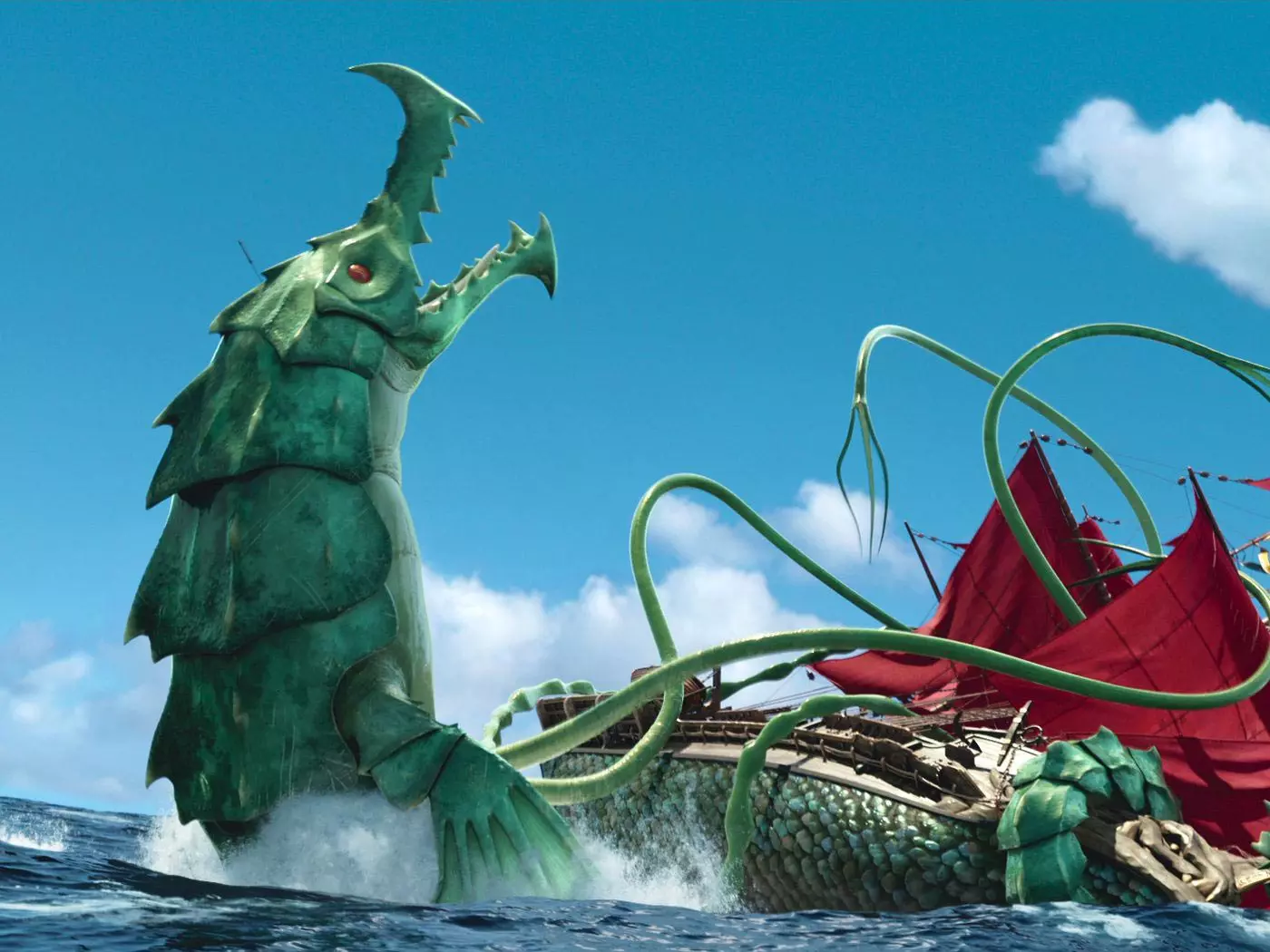 صحنه حمله کردن اژدهای دریایی به کشتی در انیمیشن 